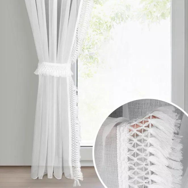 Komplet firan białych 2 szt z etaminy zdobionych subtelnymi frędzlami w zestawie troczki 140x270 cm taśma KIRA 3