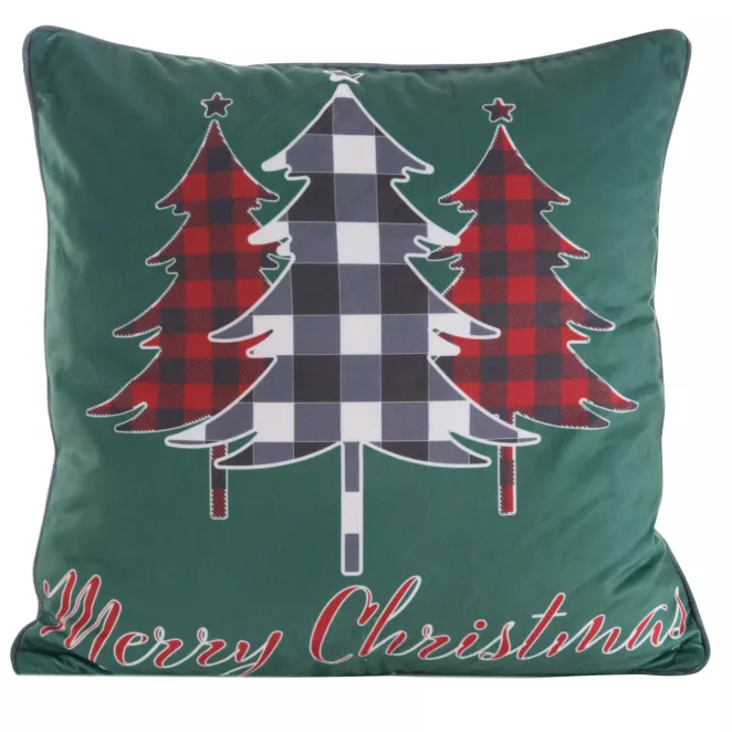 Poszewka na poduszkę 45x45 cm welwetowa kolor ciemnozielony, czerwony zdobiona uroczym motywem świątecznym