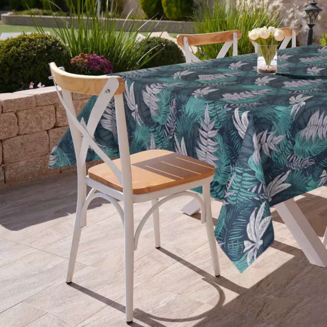 Obrus granatowo, turkusowy 140x220 cm wodoodporny GARDEN na taras oraz balkon z motywem botanicznym