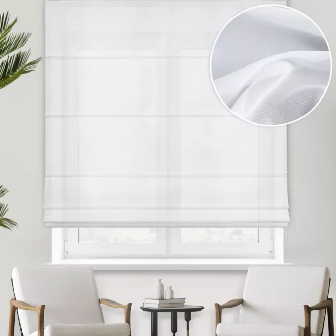 Roleta rzymska GENEVA biała z delikatnej w dotyku, gęsto tkanej, matowej krepy, wykończona obciążnikiem