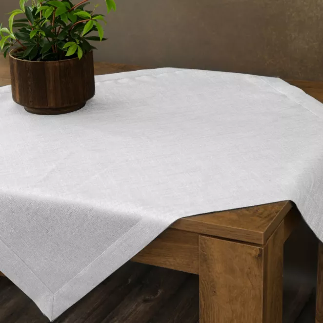 Obrus biały 85x85 cm o płóciennym splocie BIANCA 1 z dodatkiem błyszczącej nici wykończony podwójną listwą na brzegach