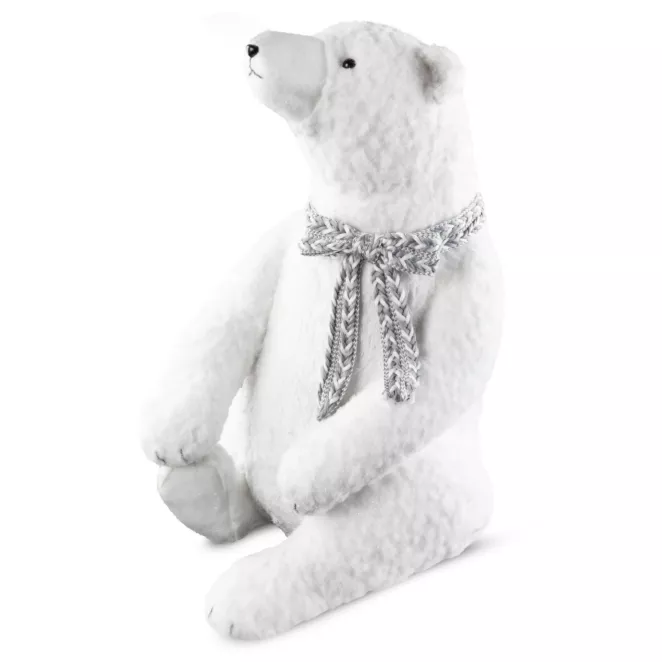 Duża figurka świąteczna dekoracyjna NIEDŹWIEDZ w plecionym szaliku z lśniącymi drobinkami