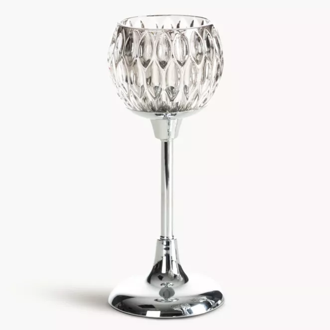 Świecznik dekoracyjny srebrno, grafitowy ze szlanym tłoczonym kielichem  średnica 11x27 cm SALMA