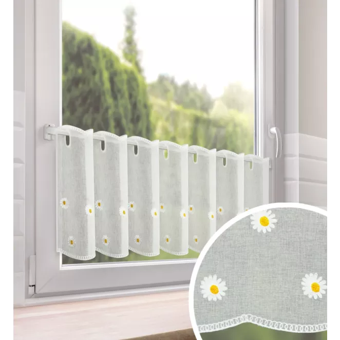 Zazdrostka biała z etaminy zdobiona haftem stokrotek 40x150 cm oczka - BELLIS