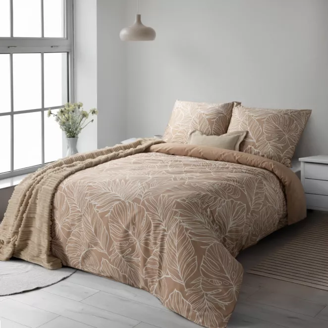 Pościel 220x200 cm komplet 3 częściowy satyna bawełniana kolor jasnobrązowy, biały z egzotycznym motywem SPRING 81