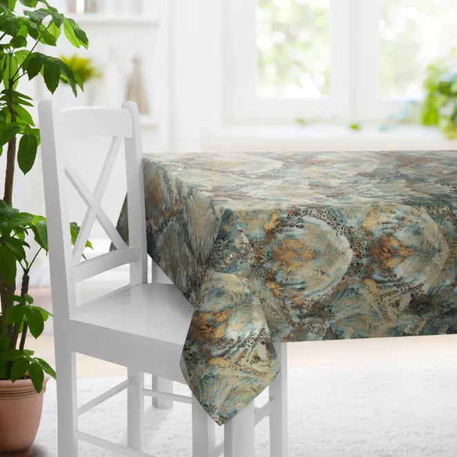 Obrus szyty jasnoturkusowo złoty z grubej welwetowej tkaniny w elegancki ornamentowy wzór Italissima Eva Minge