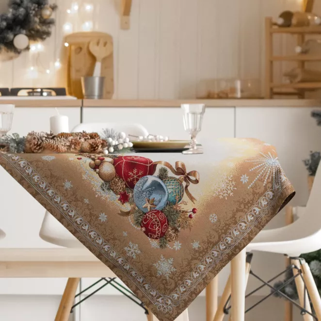 Obrus złoty 100x100 cm gobelinowy z mieszanki włókien zdobiony świątecznym wzorem