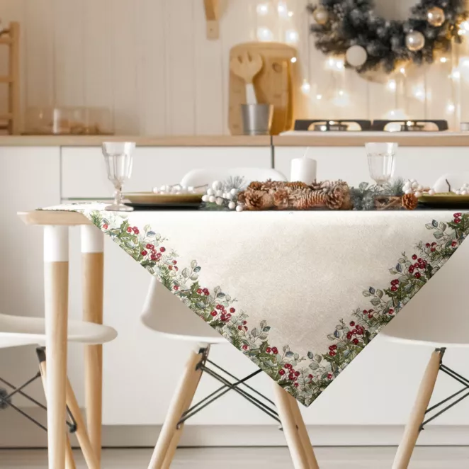Świąteczny obrus kolor naturalno, zielony 100x100 cm z szenilowej tkaniny zdobiony świątecznym motywem