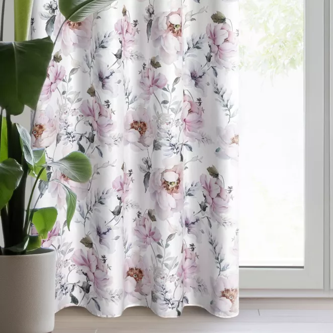 Zasłona biało, różowa zdobiona nadrukiem kwiatów 140x250 cm przelotka ROSELIN
