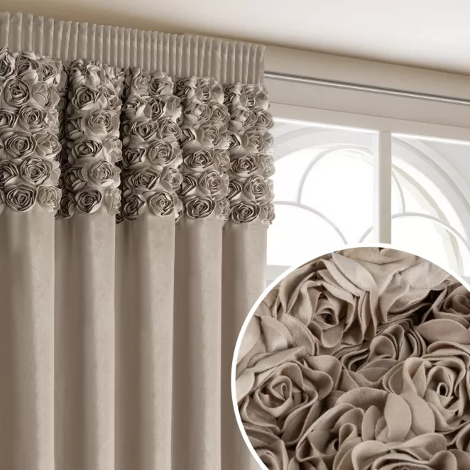 Zasłona ciemnobeżowa z welwetu zdobiona aplikacją 3D róż 140x270 cm taśma - ROSES Eva Minge