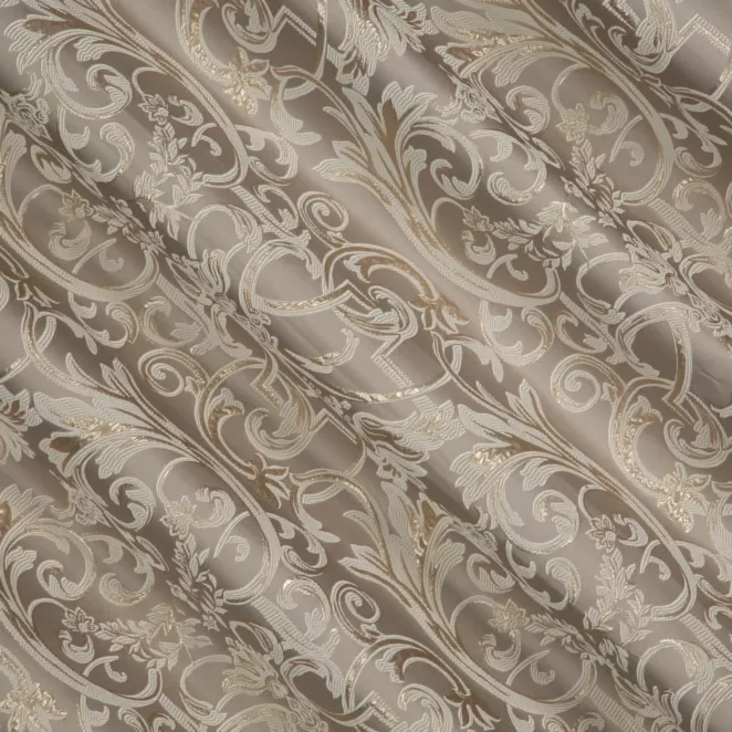 M227/6 Zasłona szyta na taśmie 5 cm beżowo złota z eleganckiej tkaniny w duży wzór ornamentowy