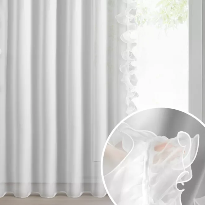Firana biała z szyfonu zdobiona falbaną na brzegach 140x270 cm taśma - GABRIELA