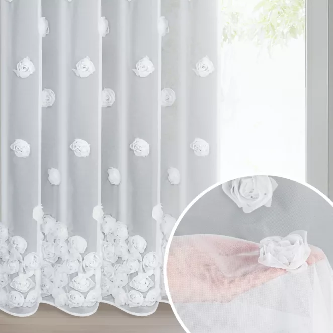 Firana biała z siateczki zdobiona trójwymiarowymi różami 140x270 cm taśma - DIANA