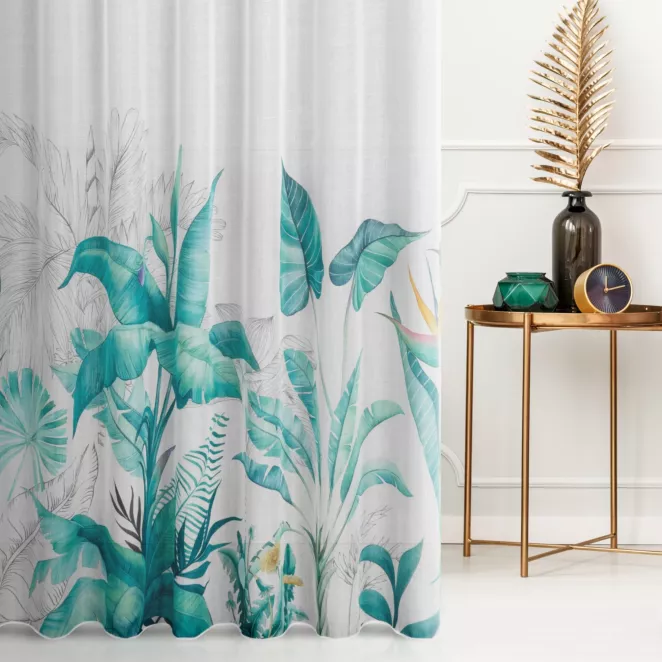 Firana szyta na taśmie 5 cm kremowo zielona z tkaniny typu ETAMINA z botanicznym nadrukiem na dole tkaniny, wykończona obciążnikiem