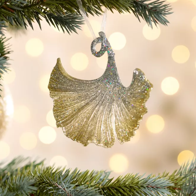 Ozdoba choinkowa LIŚĆ MIŁORZĘBU obsypana srebrno-złotym brokatem