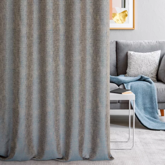 Zasłona szyta na taśmie 5 cm turkusowa z melanżowej tkaniny z efektem grubego splotu