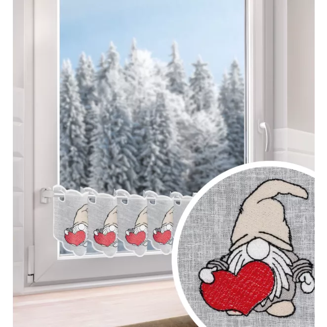 H243/1 Tkanina firanowa zazdrostka z etaminy zdobiona świątecznym haftowanym skrzatem