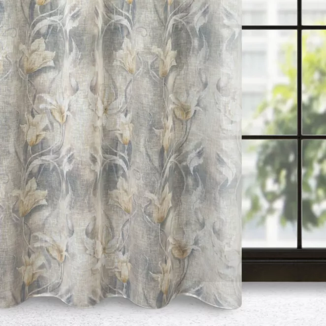 Zasłona popielato, beżowa z kwiatowym nadrukiem, półprzeźroczysta z etaminy w stylu eko 140x250 cm przelotka - OLA