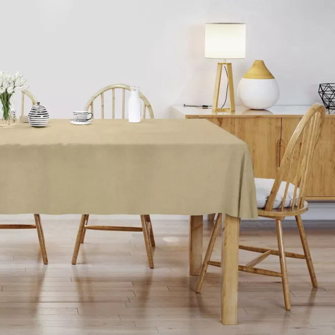 Obrus szyty DORA - HIT beżowy z miękkiej tkaniny o welurowej strukturze