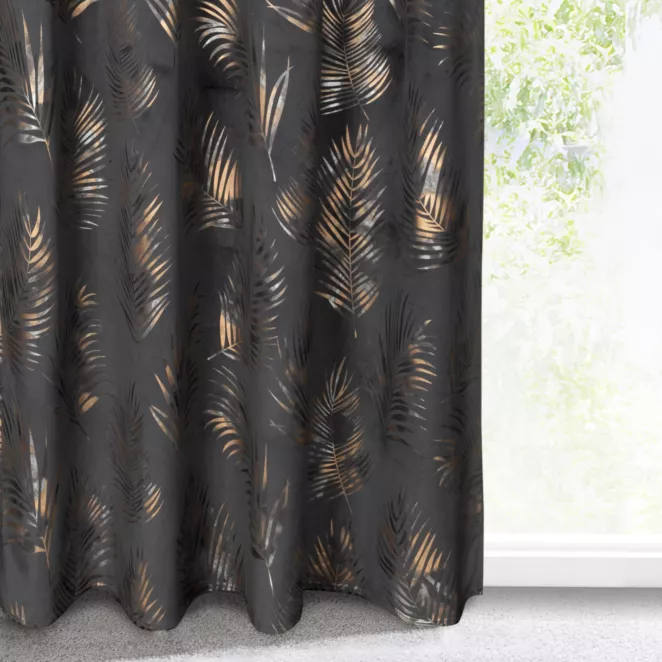Zasłona welwetowa czarno, szampańska z błyszczącym nadrukiem palmowych liści 140x300 cm taśma - GLORIA