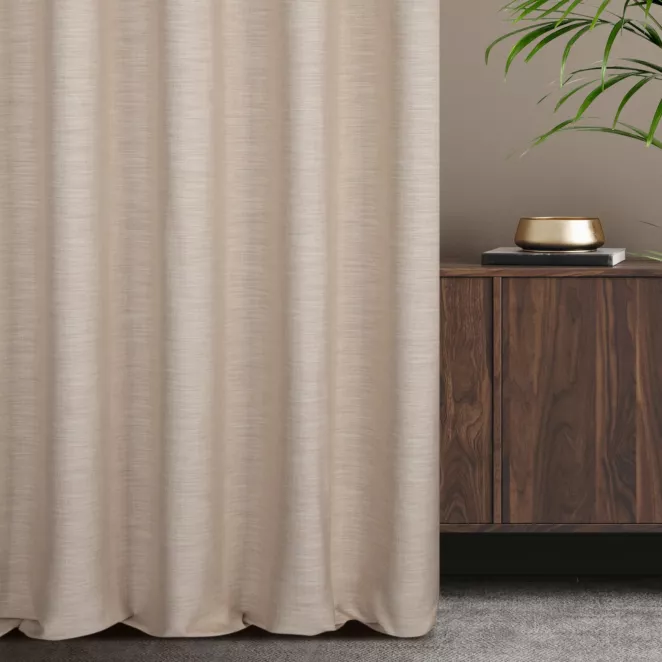 Zasłona szyta na flexach beżowa z tkaniny z dodatkiem lnu, z melanżowym splotem ekologiczna