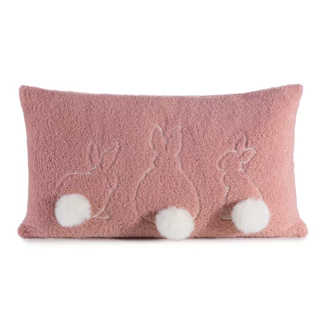 Poszewka na poduszkę 30x50 cm z tkaniny typu bukla pudrowo, biała z uroczym haftem z pomponami WIOSNA 53