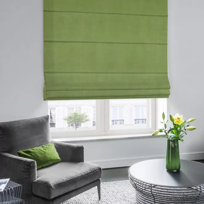 Roleta rzymska ENYA zielona z miękkiej półmatowej tkaniny welwetowej