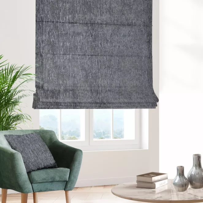 Roleta rzymska grafitowo srebrna z miękkiej, szenilowej tkaniny w prążki Italissima Eva Minge