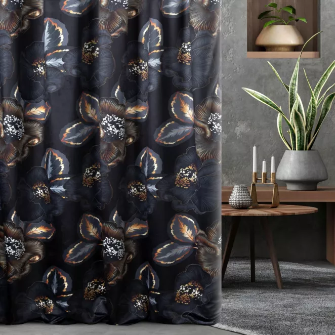 Zasłona szyta na taśmie 5 cm grafitowo złota miękka, welwetowa, z nadrukowanym dużym wzorem kwiatowym