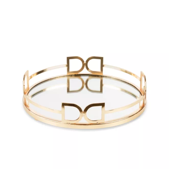 Okrągła taca dekoracyjna ANDORA z lustrzanym blatem i metalowym obrzeżem w stylu art deco, złota