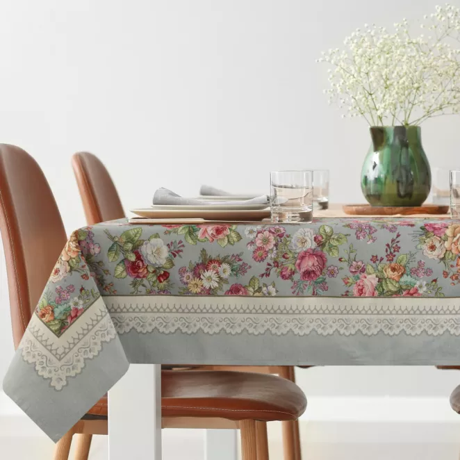 Obrus popielato, różowy 140x180 cm gobelinowy zdobiony tkanym motywem kwiatowym