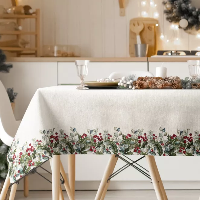 Świąteczny obrus kolor zielono, czerwony 140x220 cm szenilowy tkany motywem świątecznym