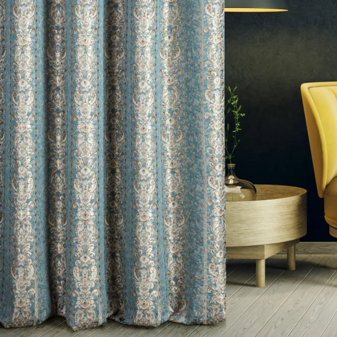 Zasłona szyta na taśmie 5 cm ANKARA turkusowo złocista elegancka z pasami ornamentowego wzoru i połyskliwą nicią lureksową