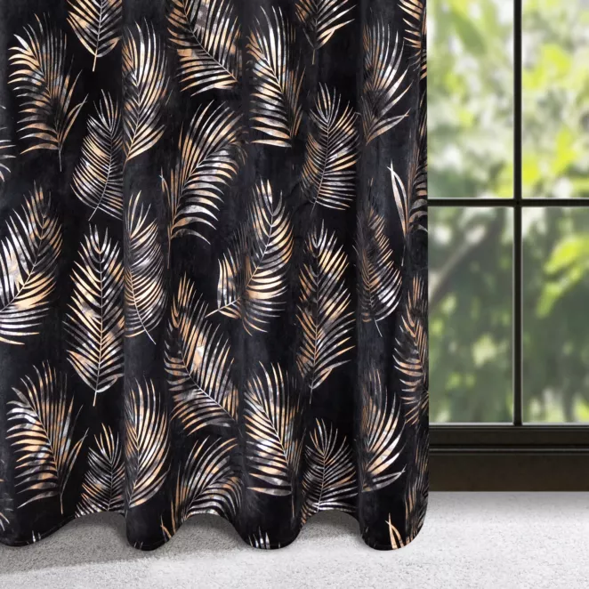 Zasłona welwetowa czarno, szampańska z błyszczącym nadrukiem palmowych liści 140x250 cm przelotka - GLORIA 2