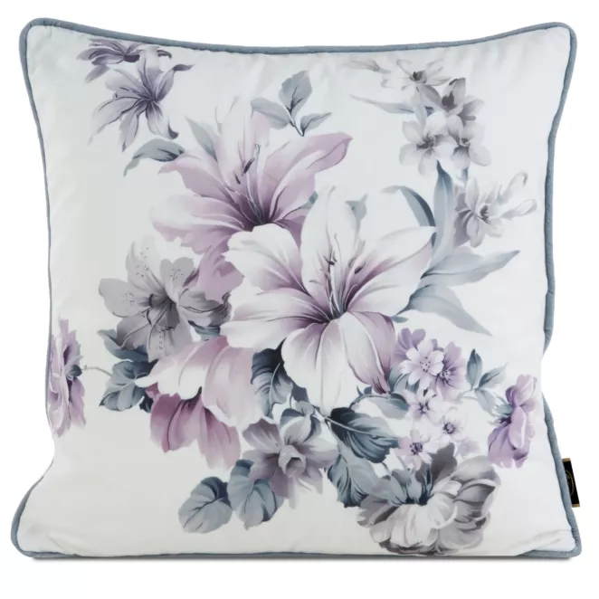 Poszewka na poduszkę 45x45 cm welwetowa, kremowo fioletowa, dwustronna z motywem kwiatów Eurofirany Premium