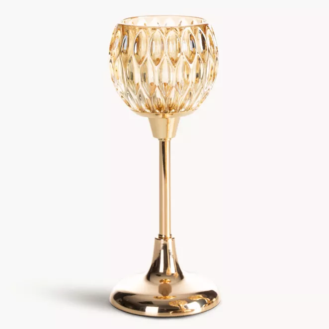 Świecznik dekoracyjny złoty ze szlanym tłoczonym kielichem  średnica 11x27 cm SALMA