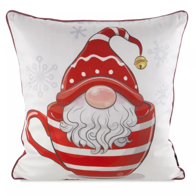 Poszewka na poduszkę świąteczna 45x45 cm biało, czerwona zdobiona nadrukiem mikołaja i elegancką wypustką