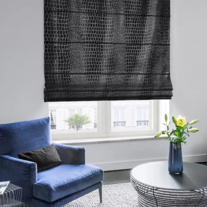 Roleta rzymska SAFARI czarna z miękkiej welwetowej tkaniny w wytłaczany wzór