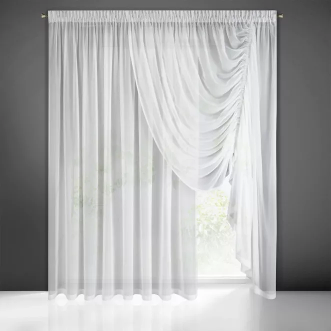 Firana biała na okno balkonowe z asymetrycznym podpięciem 360x250 cm taśma ANABEL