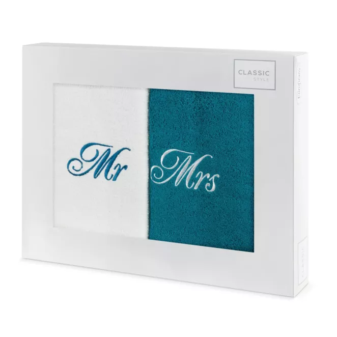 Zestaw ręczników bawełnianych na prezent 2 szt 70x140 cm z haftem MR&MRS kolor biały,turkusowy 400 g/m2