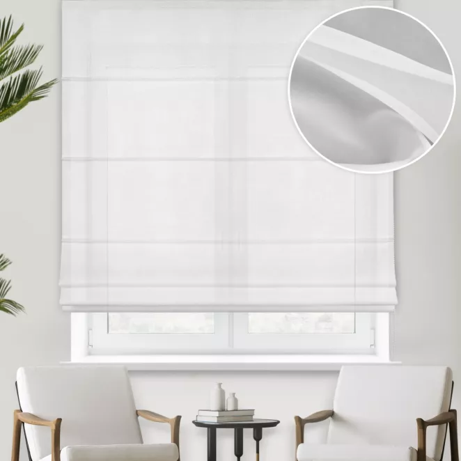 Roleta rzymska biała z wysokiej jakości niepalnego woalu z certyfikatem, wykończona obciążnikiem