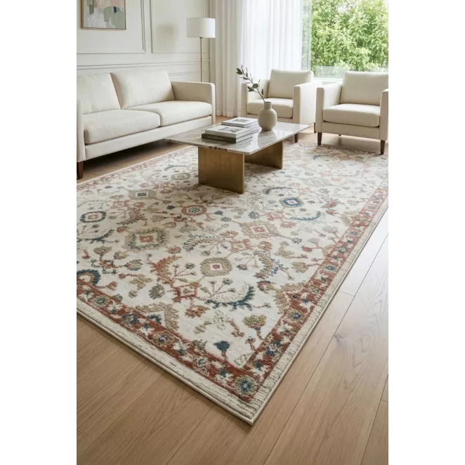 Dywan 60x100 cm kremowo, ceglasty z klasycznym motywem w stylu vintage ELORA 8