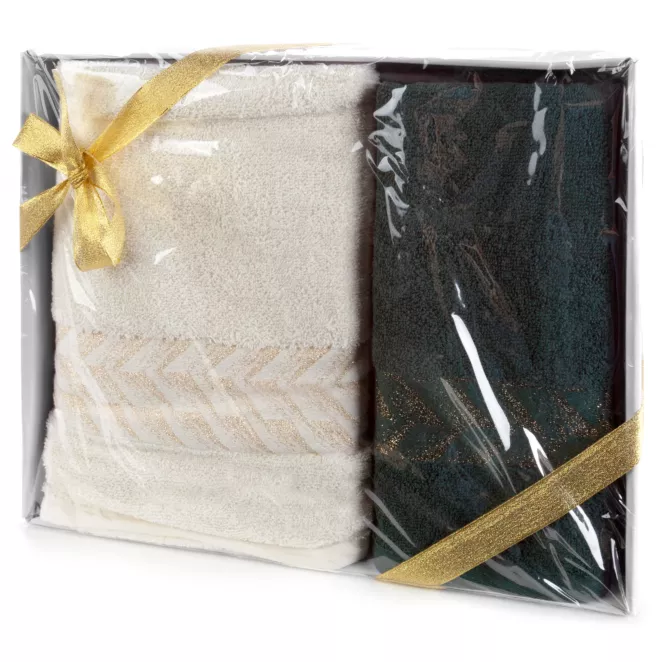 Zestaw ręczników bawełnianych na prezent 2 szt kolor kremowy, ciemnozielony 450 g/m2 GLOW