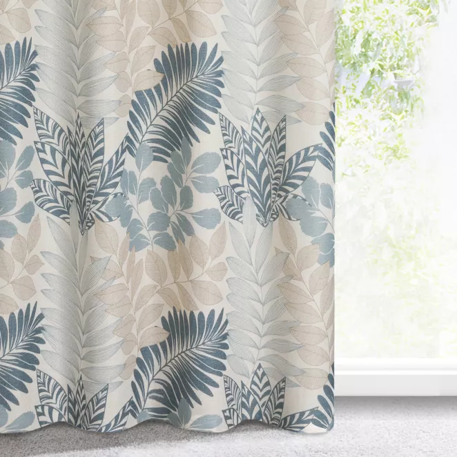 Zasłona naturalno, niebieska ze wzorem liści, w stylu eko 140x250 cm przelotka - LENNY