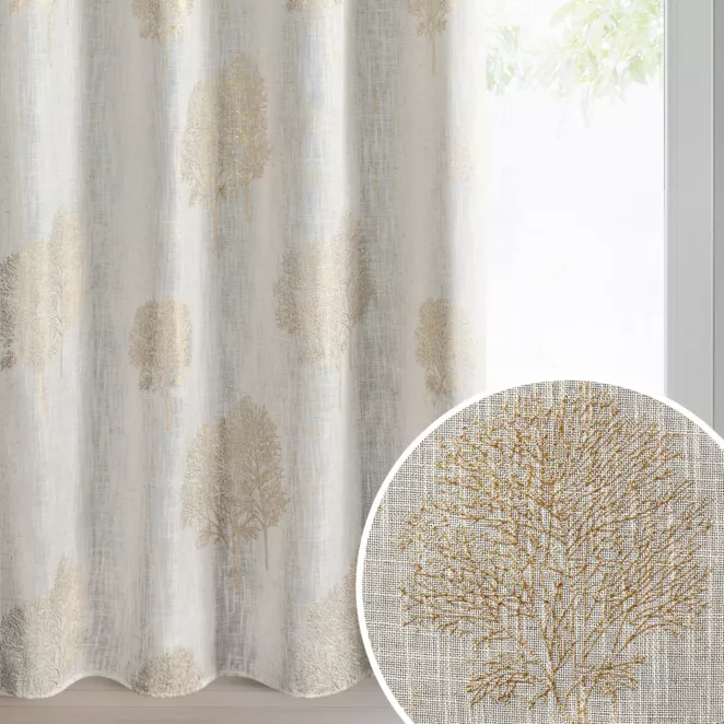 Zasłona naturalna o naturalnym splocie zdobiona wypukłym wzorem drzew 140x250 cm złote przelotki - SALINA