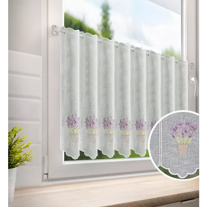 Tkanina firanowa zazdrostka z etaminy zdobiona haftem lawendy