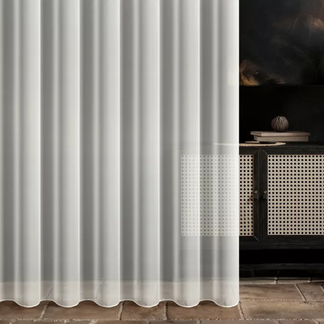 Firana szyta na taśmie 5 cm naturalna z wysokiej jakości trudnopalnej żorżety z certyfikatem, wykończona obciążnikiem