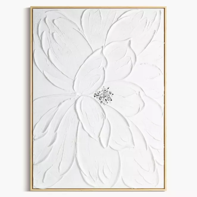 Obraz biały ręcznie malowany trójwymiarowy kwiat zdobiony kryształkami 60x90 cm