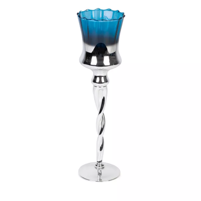 Świecznik bankietowy szklany CLARE 2 na wysmukłej nóżce srebrno-niebieski