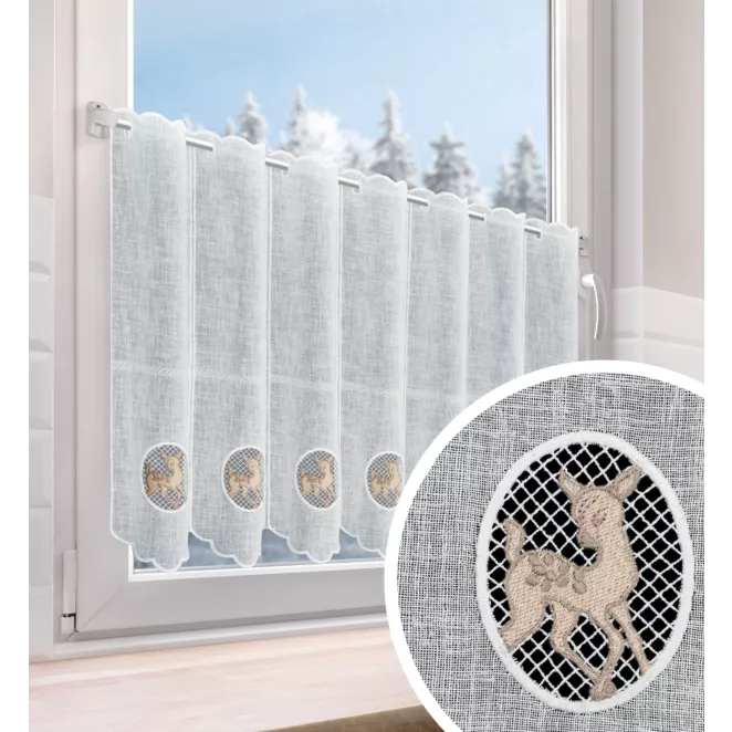 Tkanina firanowa zazdrostka z etaminy zdobiona świątecznym haftem jelonka